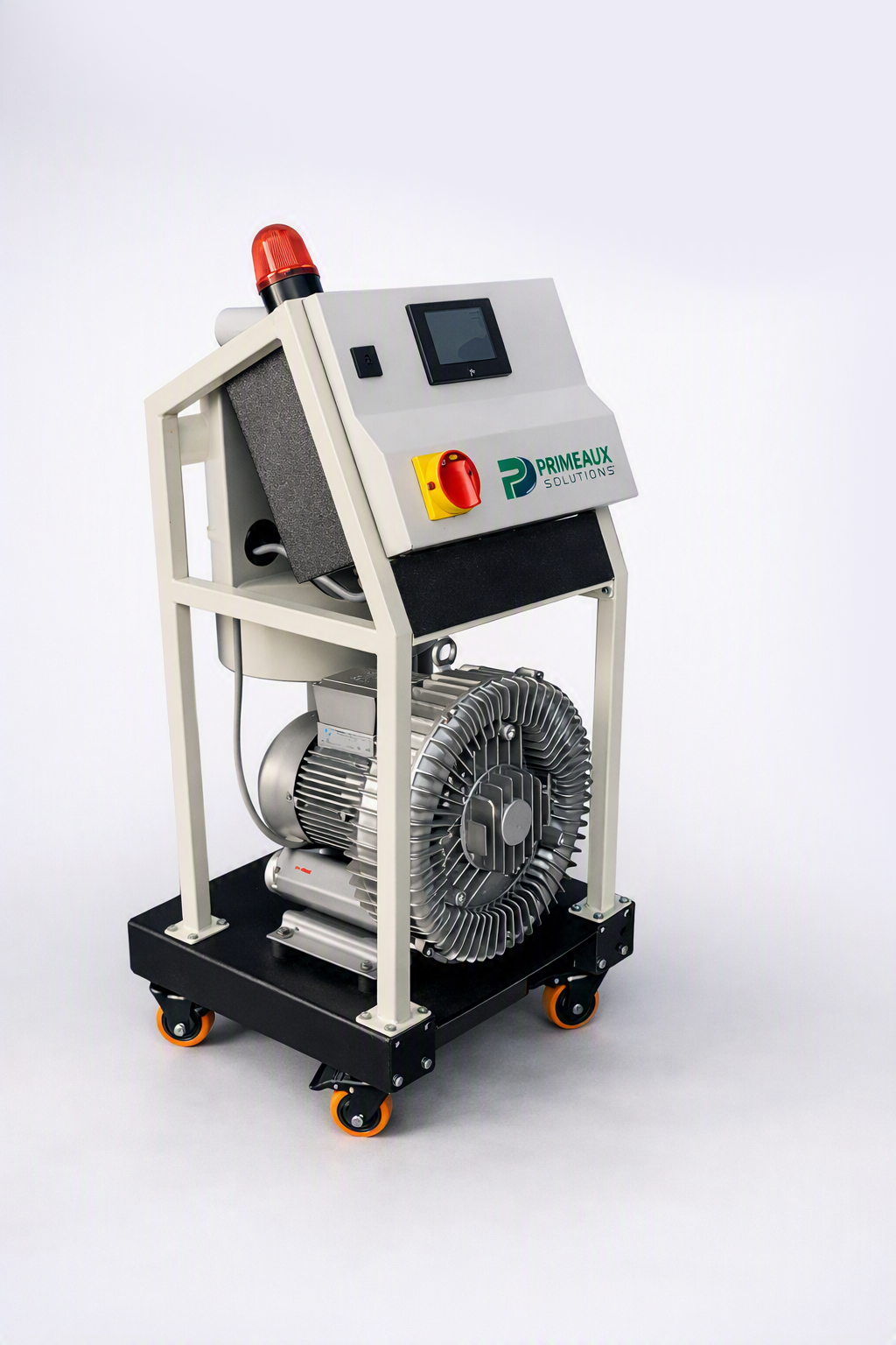 Primeaux blower station with a control cabinet, dust collector, and industrial blower