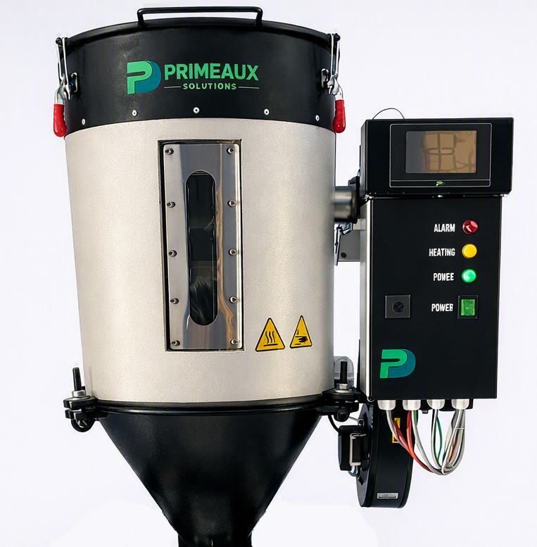 Close-up of the compact Primeaux Hopper Dryer