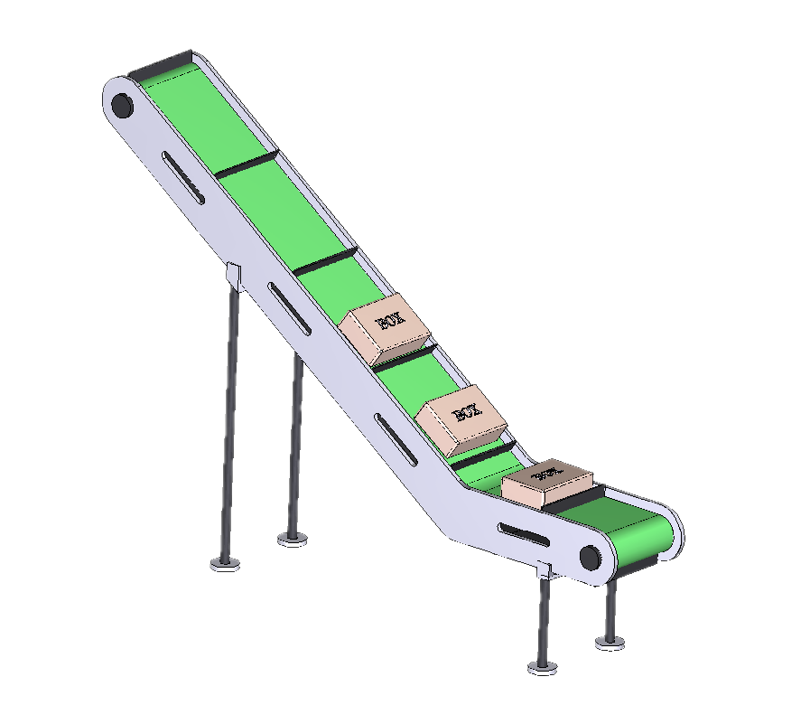 Custom inclined conveyor machine with a reinforced frame and green cleated belt