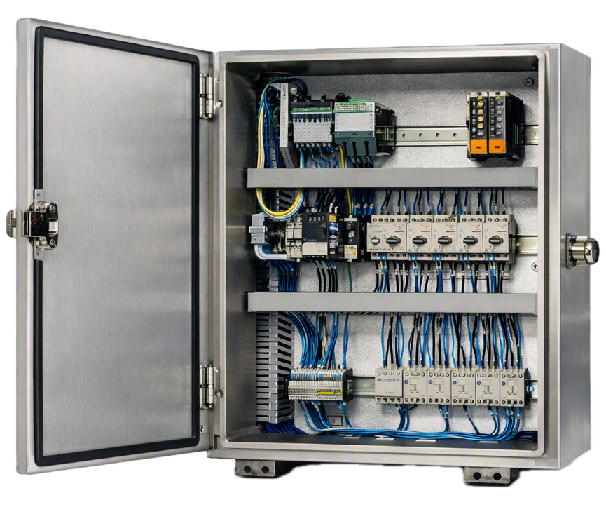 Open custom electrical control cabinet with organized automation components and wiring