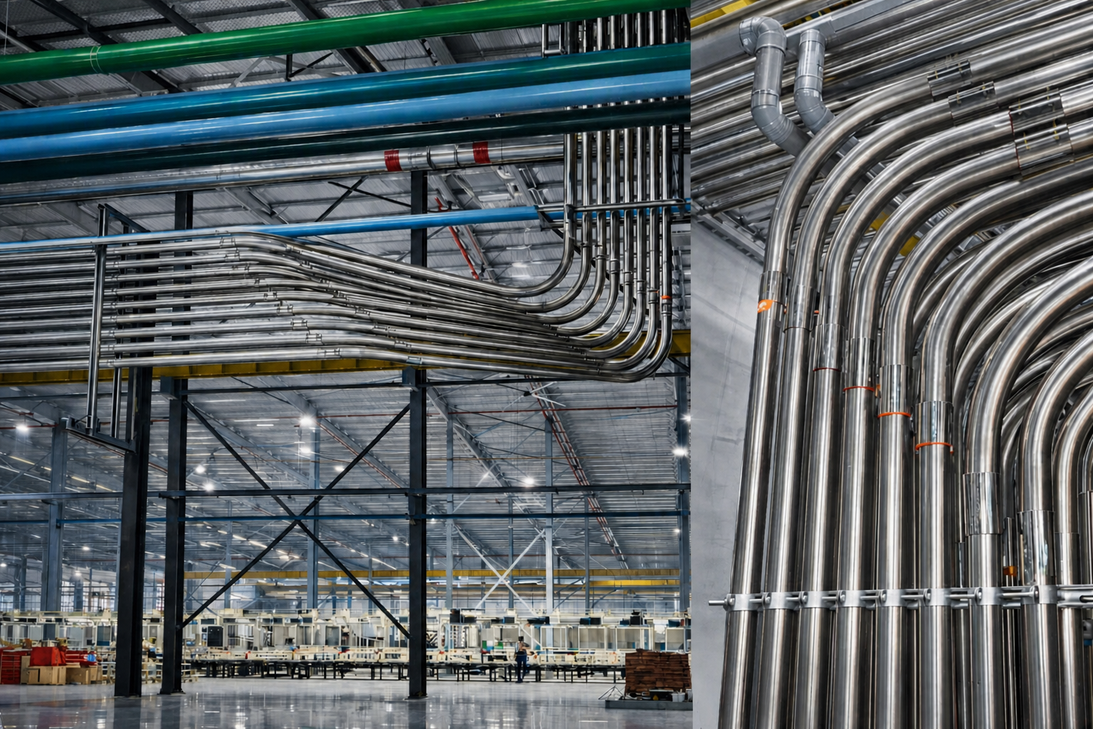Material-conveying pipework installed across a production hall with detailed stainless-steel conduit bends