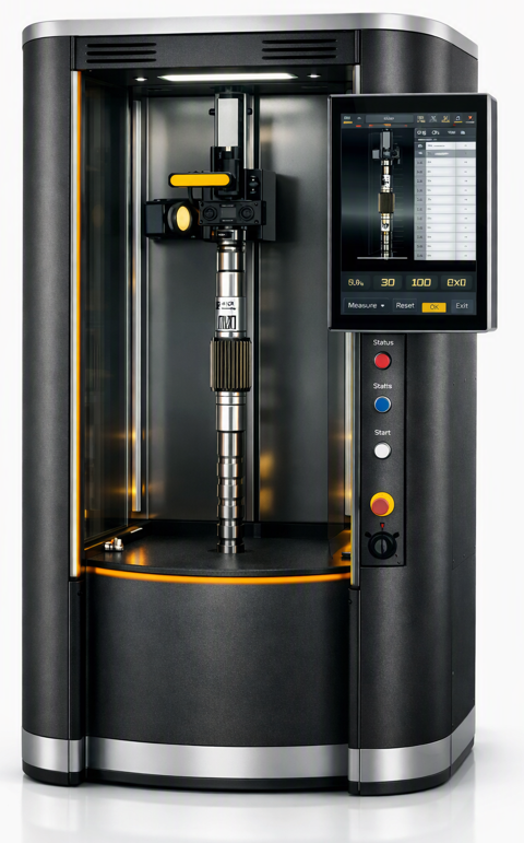 Custom optical shaft measurement machine with a vertical inspection platform and touchscreen controls