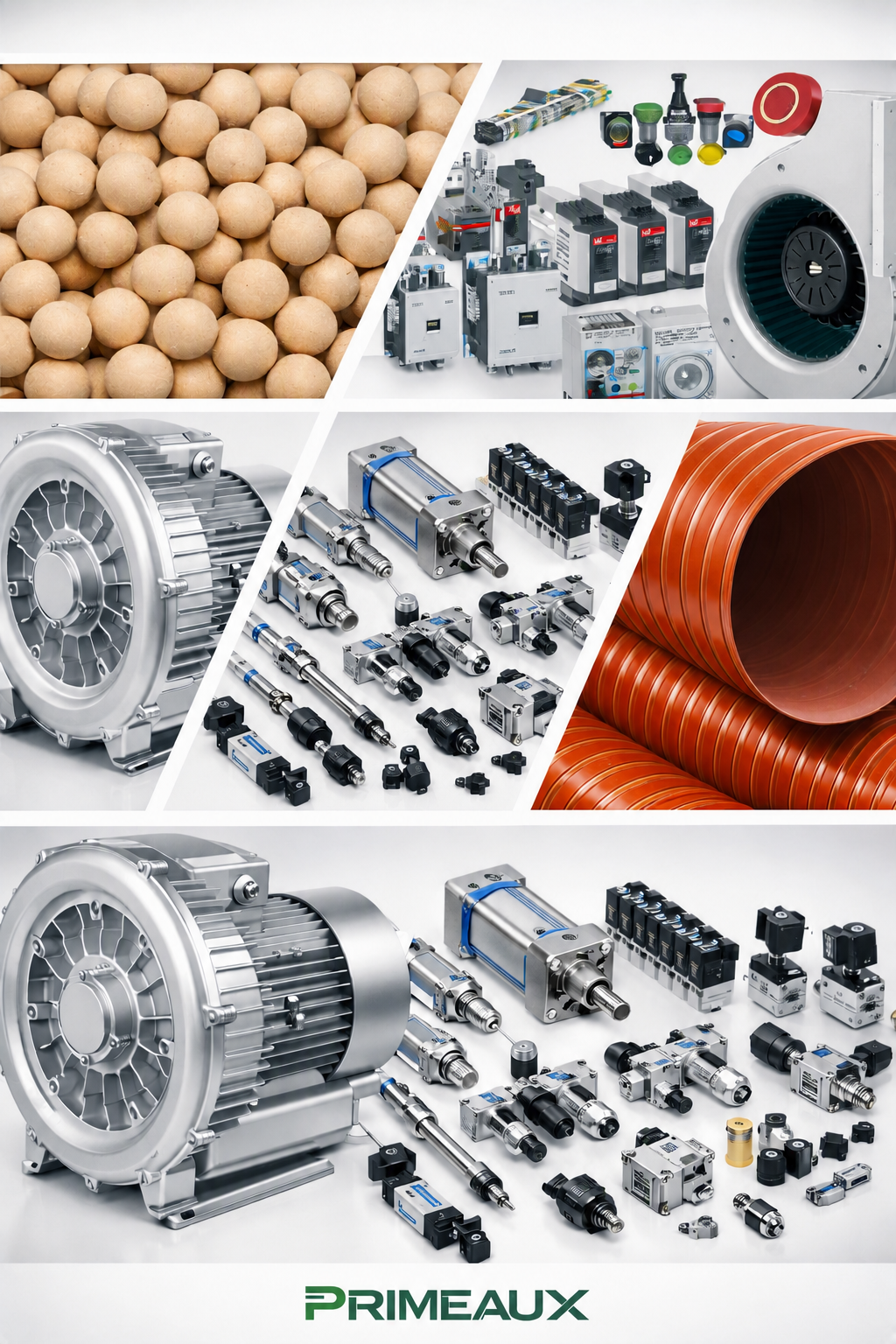 Primeaux spare-parts collection with blowers, pneumatic components, controls, and hoses