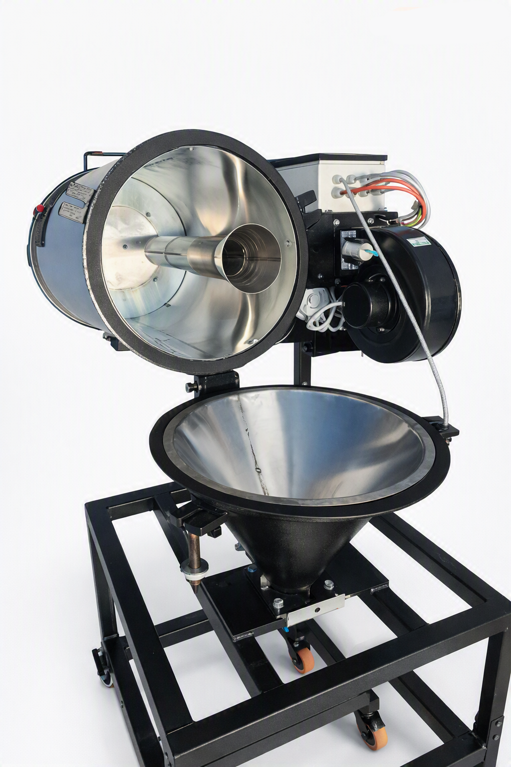 Open stainless steel drying chamber on the Primeaux Hopper Dryer